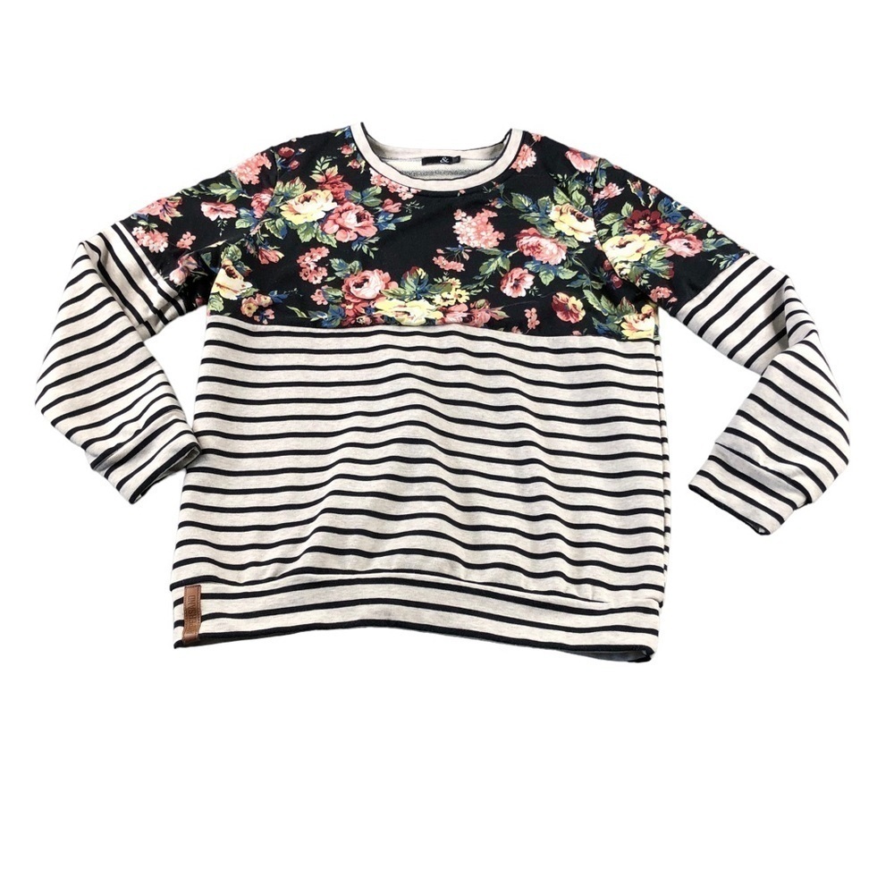 Amperstand Ave Pullover Crew Neck Sweatshirt, Stripe, Floral, Black